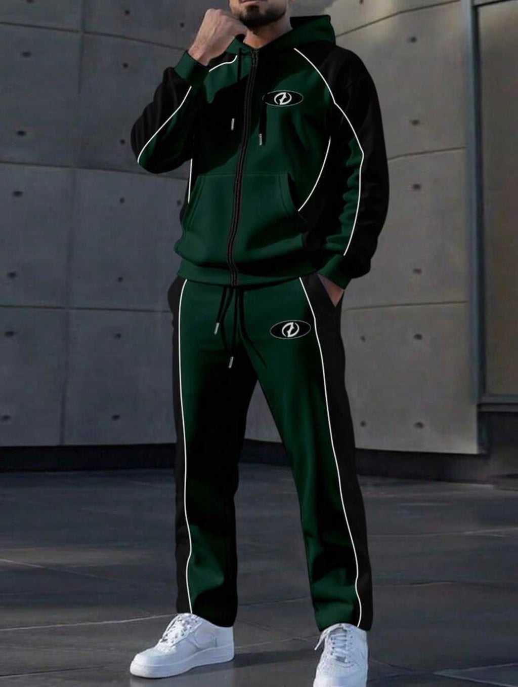 Men’s Contrast Color Patchwork Hoodie & Sweatpants Two-Piece Set – Casual Streetwear Outfit