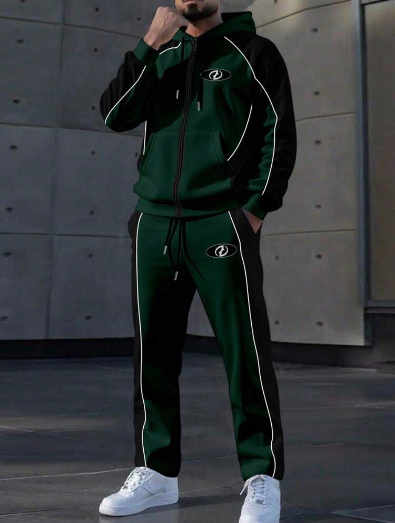 Men’s Contrast Color Patchwork Hoodie & Sweatpants Two-Piece Set – Casual Streetwear Outfit