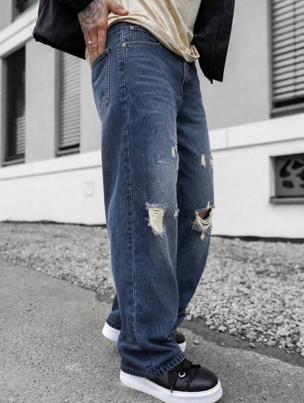 Men’s Distressed Wide Leg Jeans – Youthful Streetwear Denim Pants