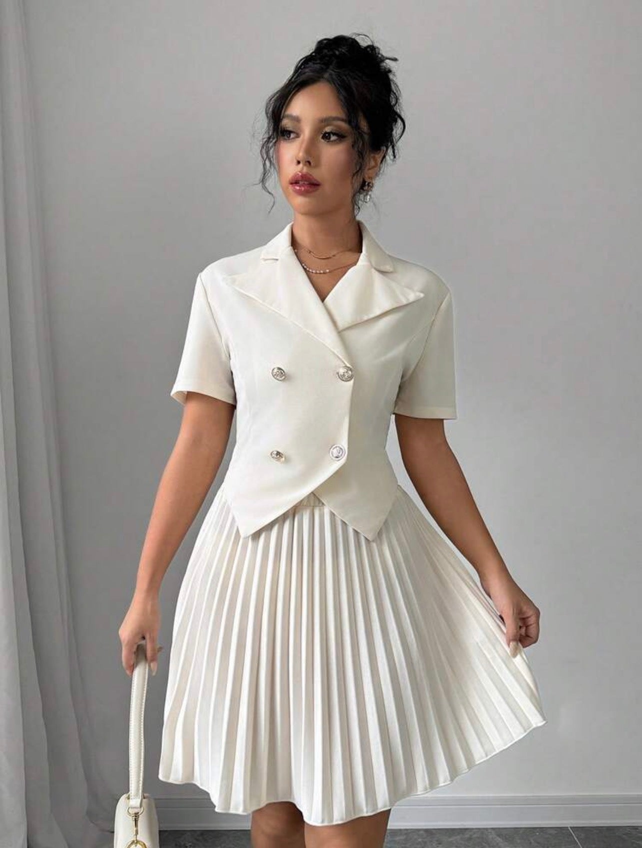 Women’s Double-Breasted Short Sleeve Top & Pleated Skirt Two-Piece Set
