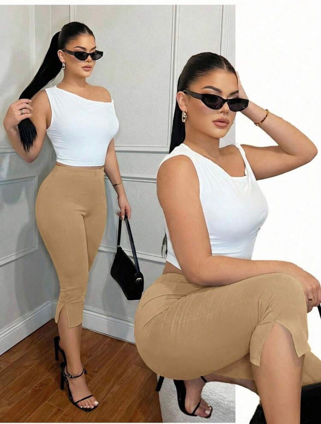 Women’s High Waist Skinny Split Hem Cropped Leggings – Casual Versatile Capris