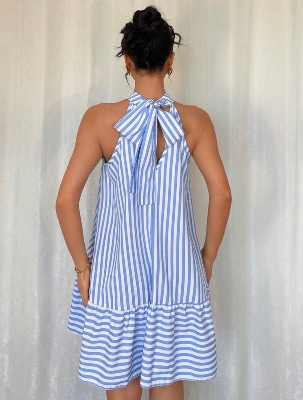 Elegant Halter Neck Sleeveless Cold Shoulder Striped Ruffle Hem Dress