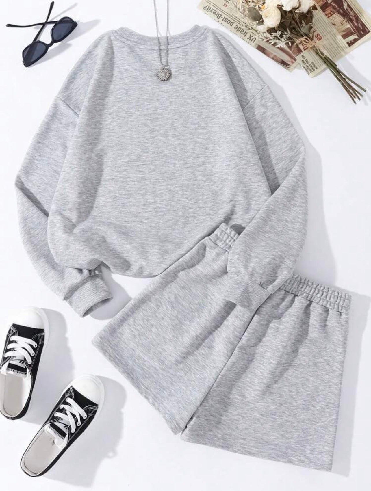 Women’s Letter Print Crew Neck Long Sleeve Top & Shorts Two-Piece Set