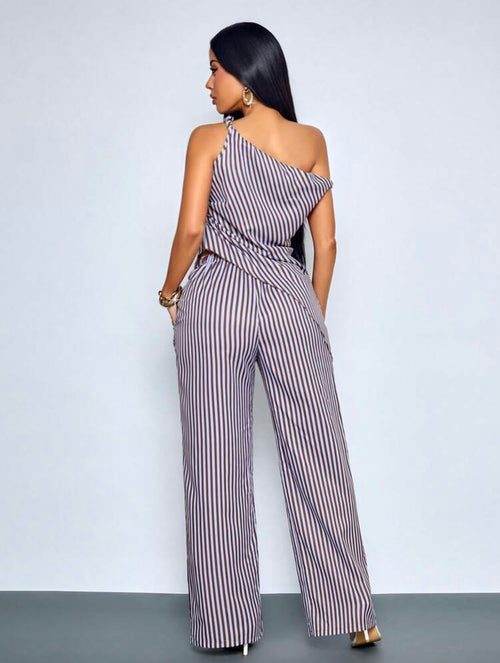 Chic Striped Asymmetrical One-Shoulder Blouse & Wide-Leg Pants Two-Piece Set for Women