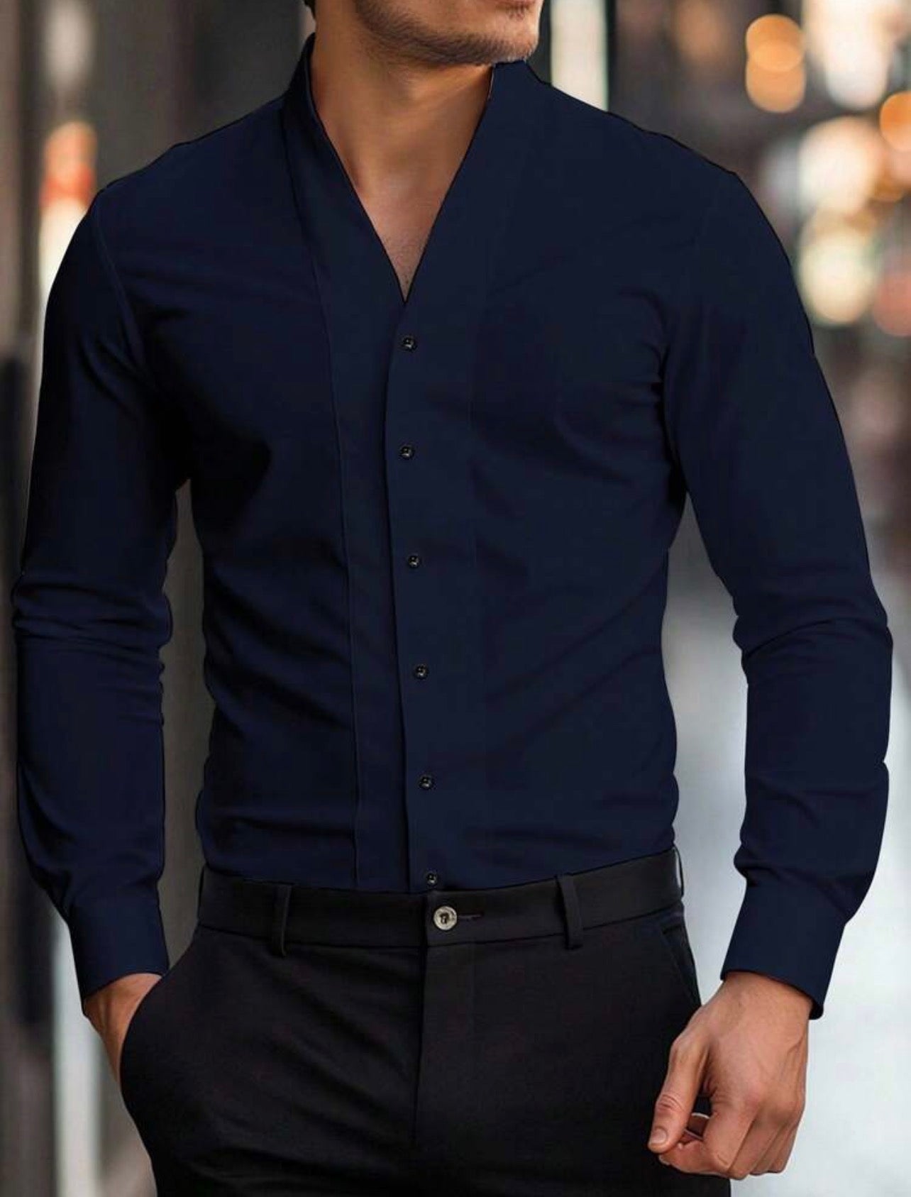 Men’s Solid Color Button-Front Long Sleeve Casual Business Shirt – Zip Detail Formal Style Top