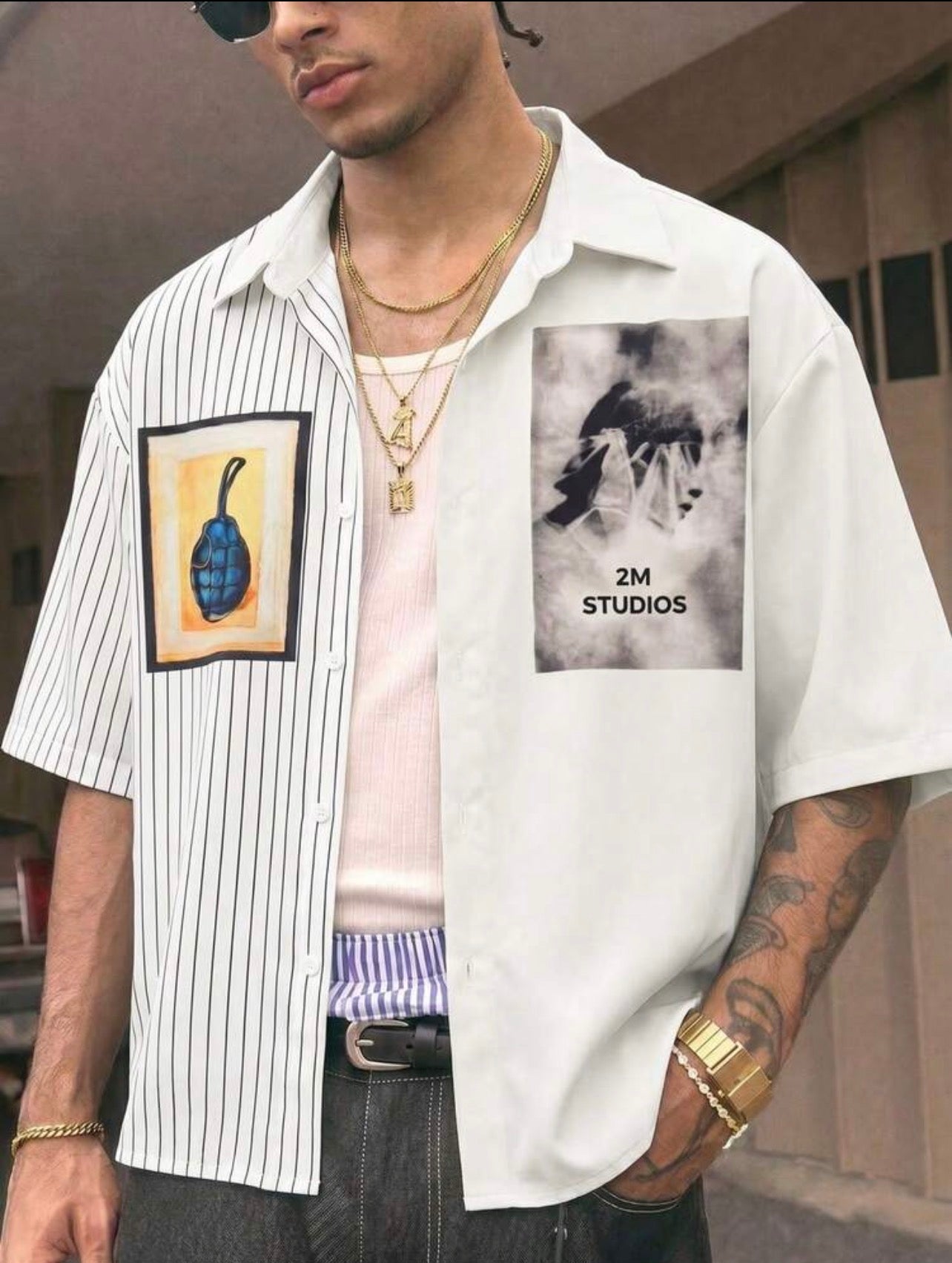 Men’s Two-Tone Striped Camp Collar Short Sleeve Shirt – Oversized Graphic Streetwear Top