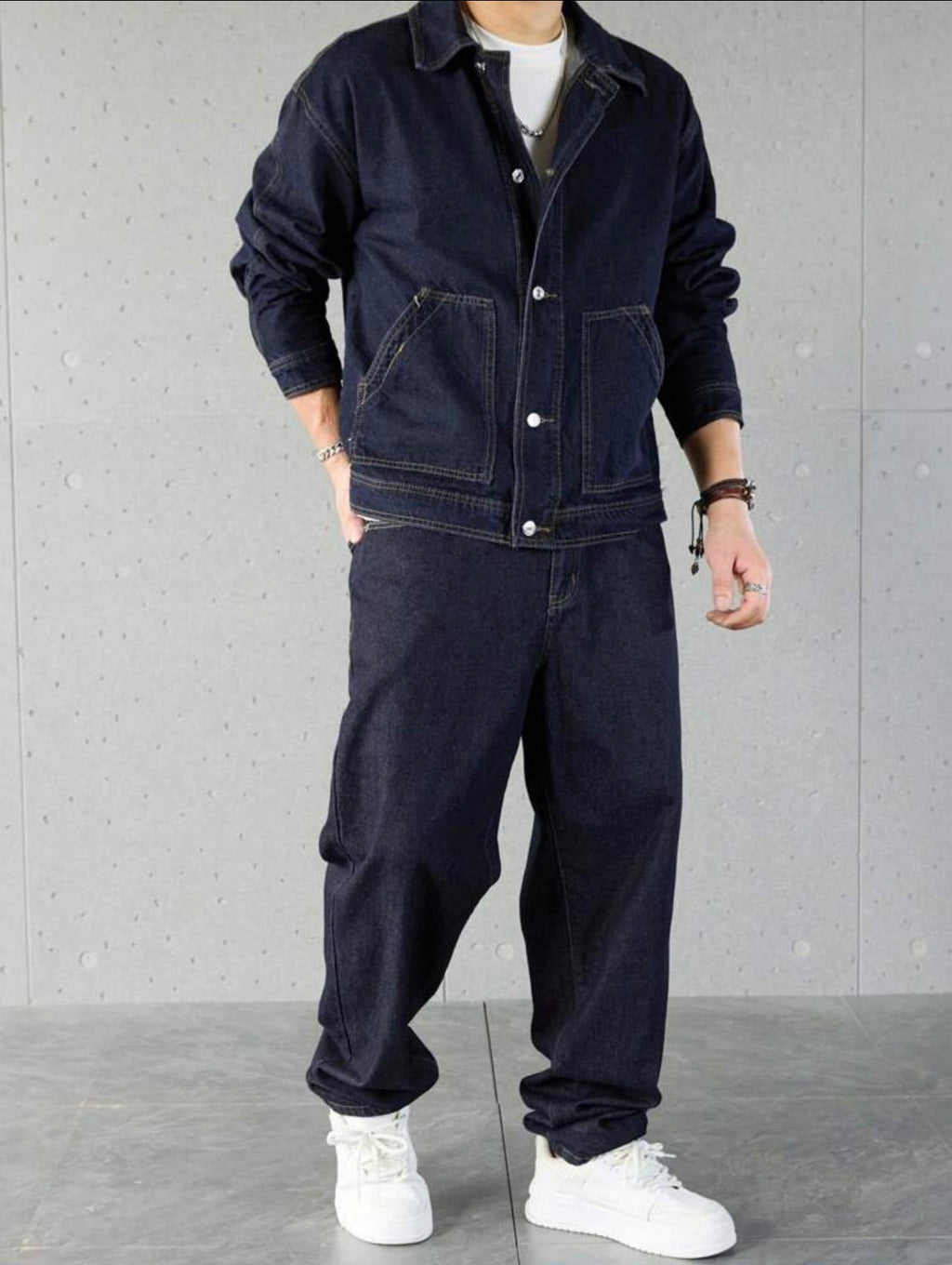 Men’s Solid Color Denim Two-Piece Set – Long Sleeve Top & Pants Casual Outfit