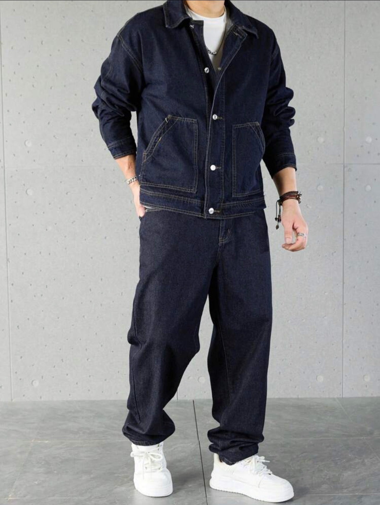 Men’s Solid Color Denim Two-Piece Set – Long Sleeve Top & Pants Casual Outfit
