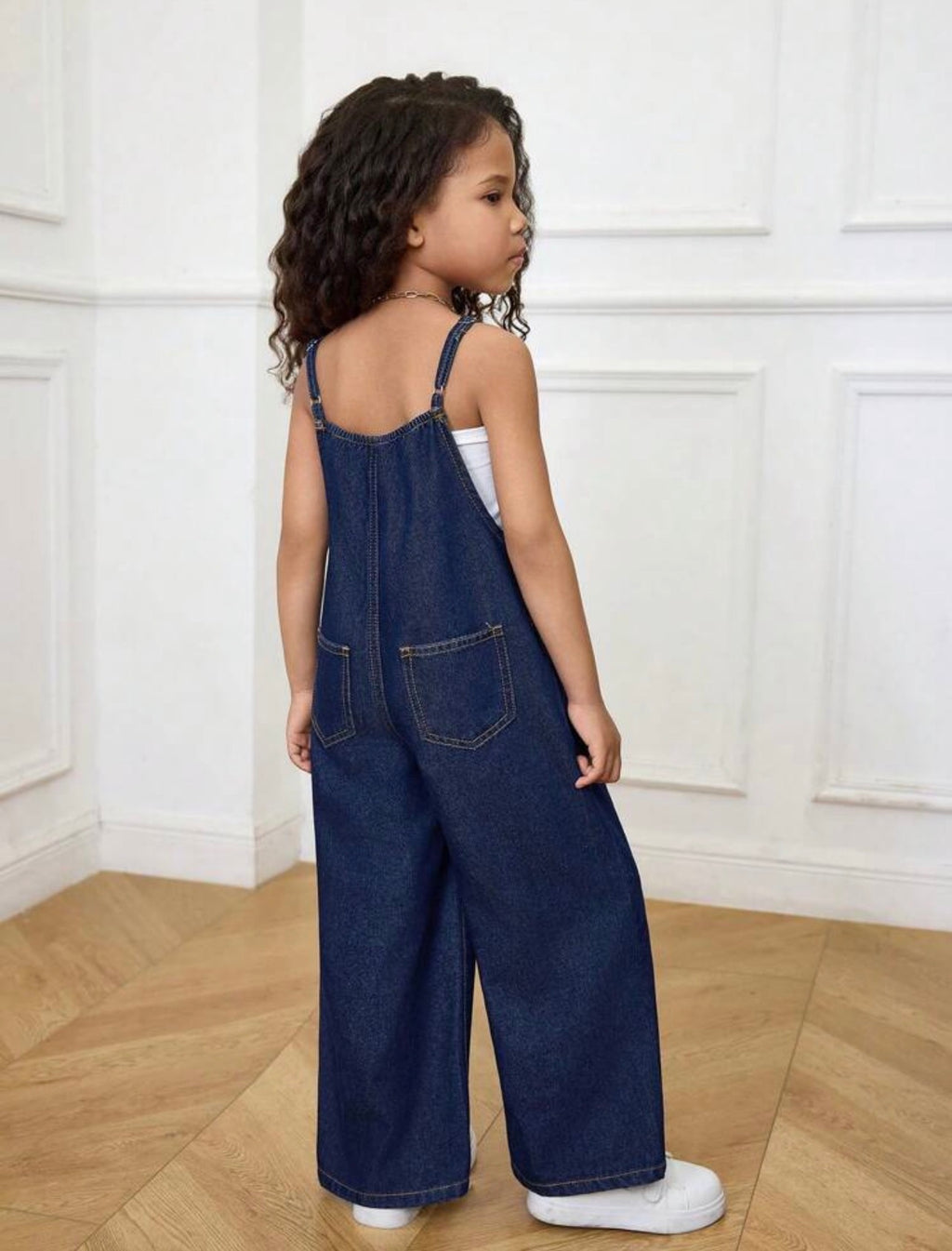Girls Dark Blue Denim Halter Jumpsuit for Casual Vacation & Summer Wear
