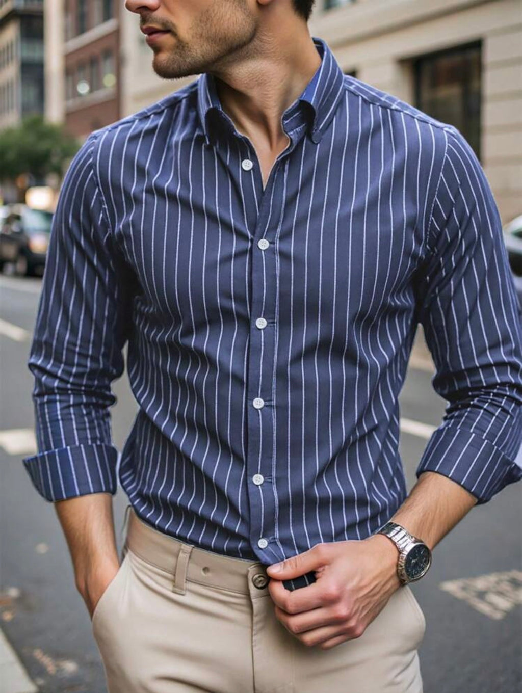 Men’s Striped Long Sleeve Formal Shirt – Casual Business Top
