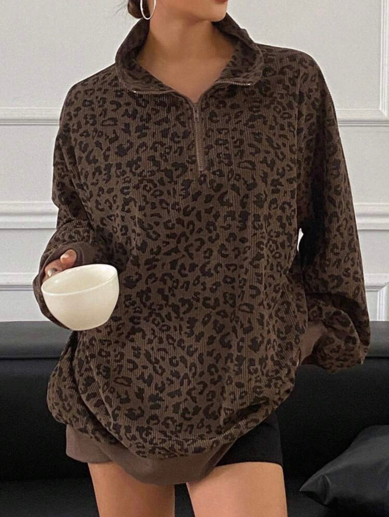 Women’s Leopard Print Zip-Up Long Sleeve Sweatshirt – Casual Fall Jacket Style Top