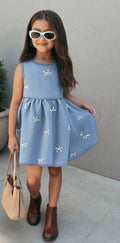 Girls White Bow Detail Blue Denim Sleeveless Dress