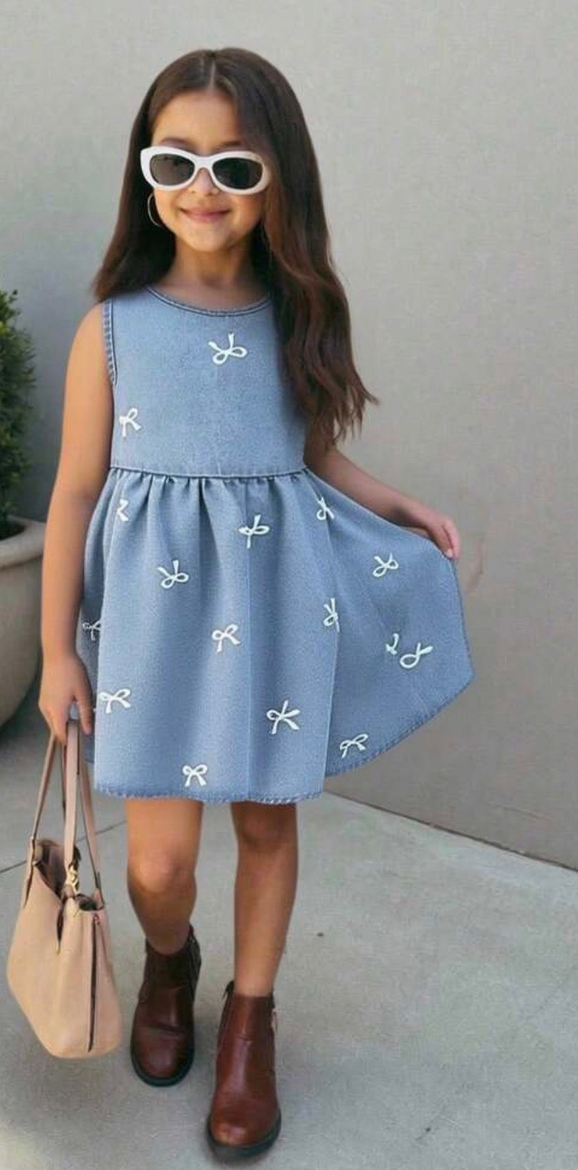 Girls White Bow Detail Blue Denim Sleeveless Dress