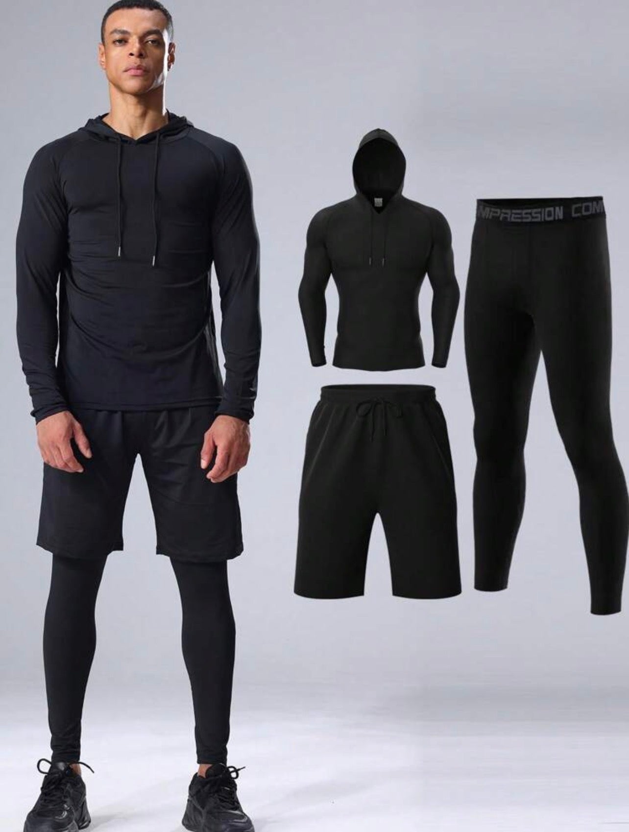 Men’s 3-Piece Compression Sports Set with Long Sleeve Shirt, Hoodie & Fitness Pants