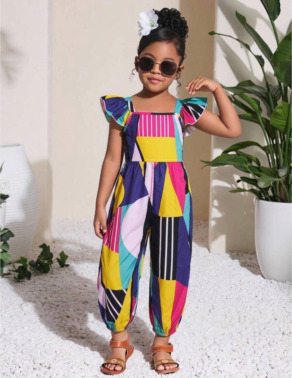 Girls Ditsy Floral Ruffled Collar Casual Jumpsuit