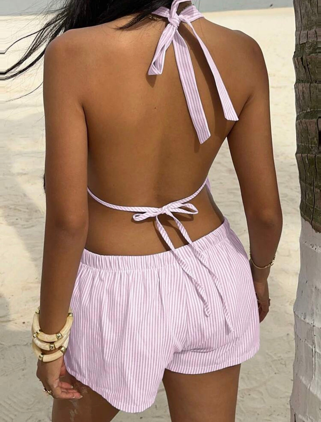 Women’s 2-Piece Linen Backless Tie-Up Vest & Frill Waist Shorts Set