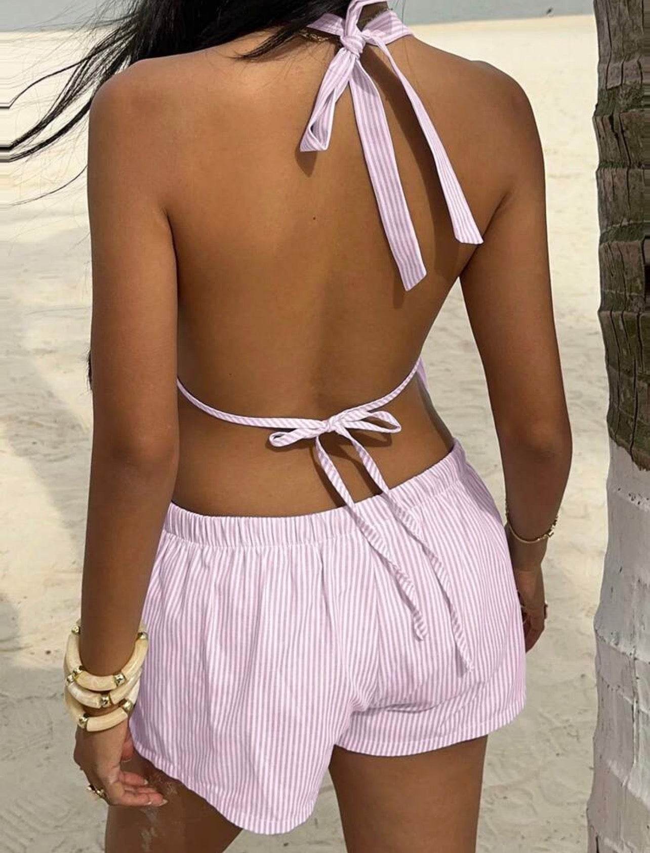 Women’s 2-Piece Linen Backless Tie-Up Vest & Frill Waist Shorts Set