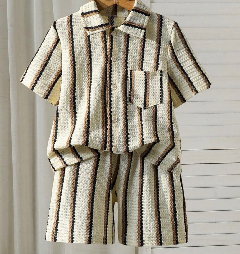 Kids Boys Vertical Striped Short Sleeve Shirt & Casual Shorts 3-Piece Outfit Set