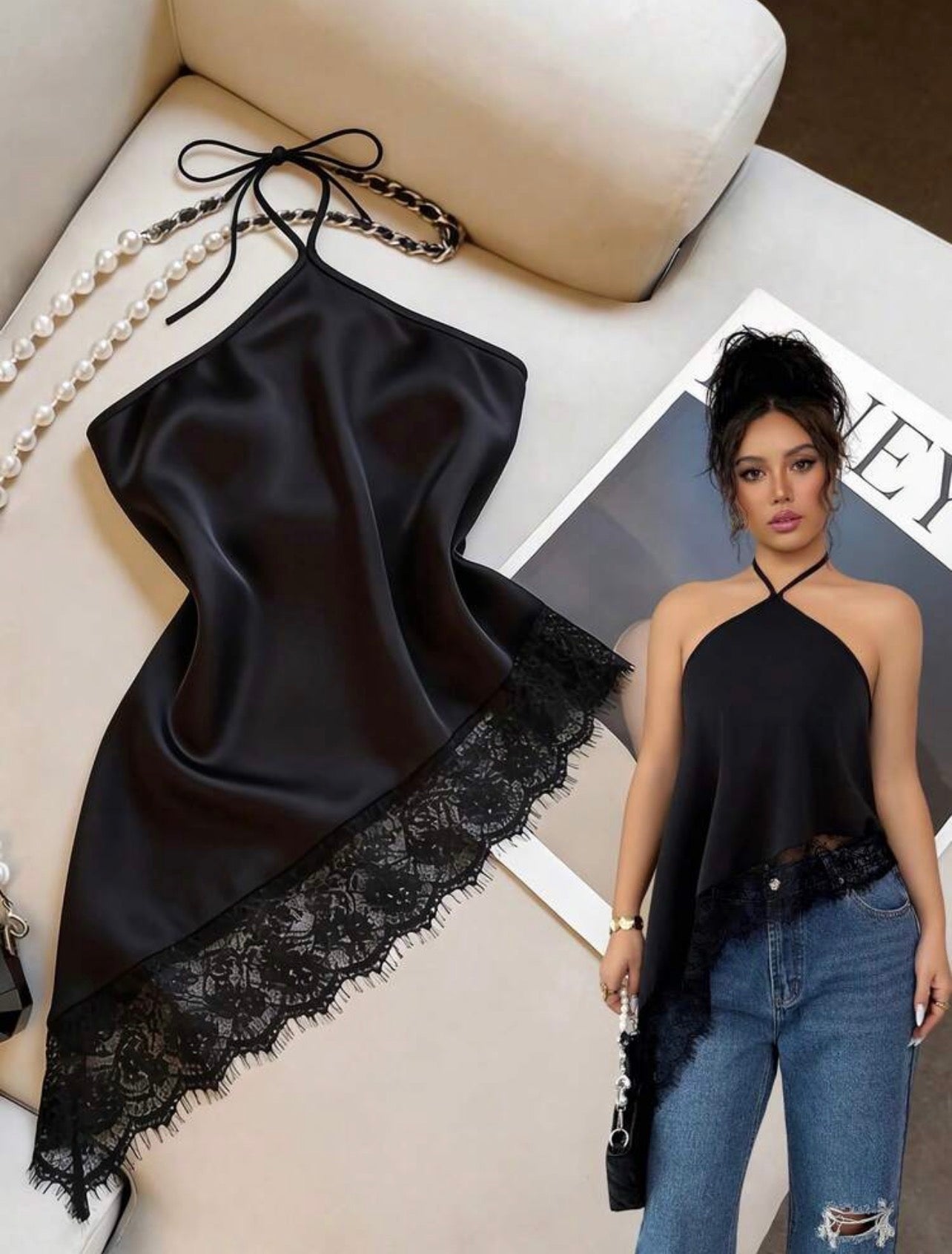 Women’s Halter Neck Lace Trim Backless Camisole Top with Asymmetric Hem