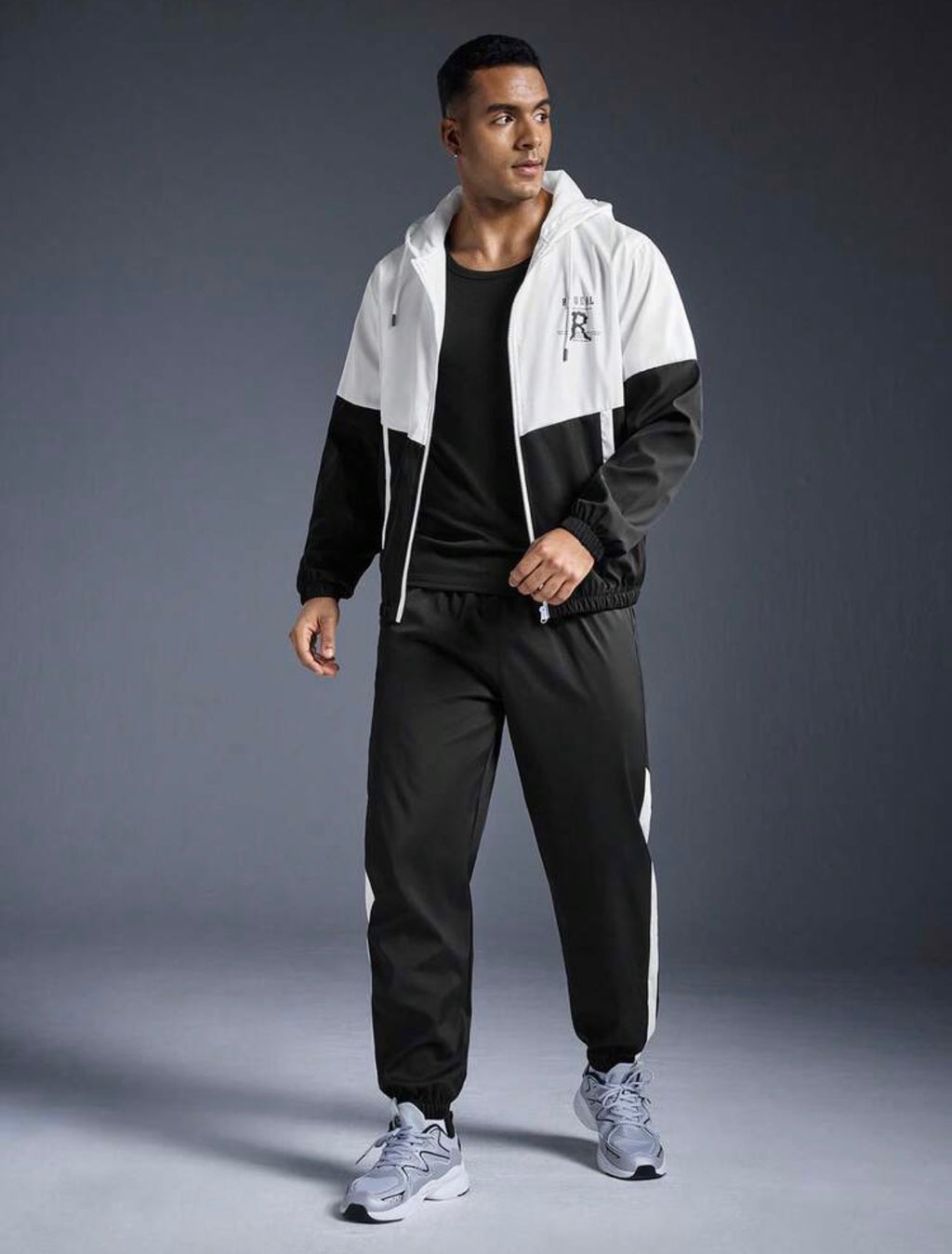 Men’s Contrast Color Splice Hooded Tracksuit Set – Two-Piece Athleisure Sportswear Outfit