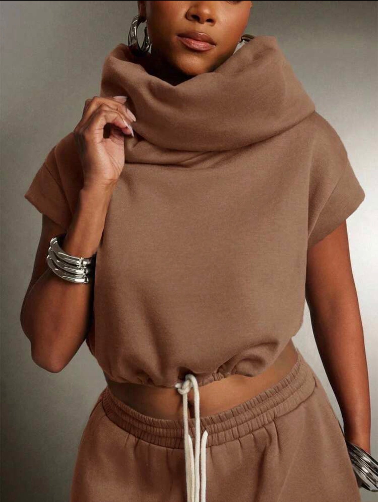 Women’s High Neck Hooded Terry Sweatshirt Top – Multi-Wear Streetwear Hoodie