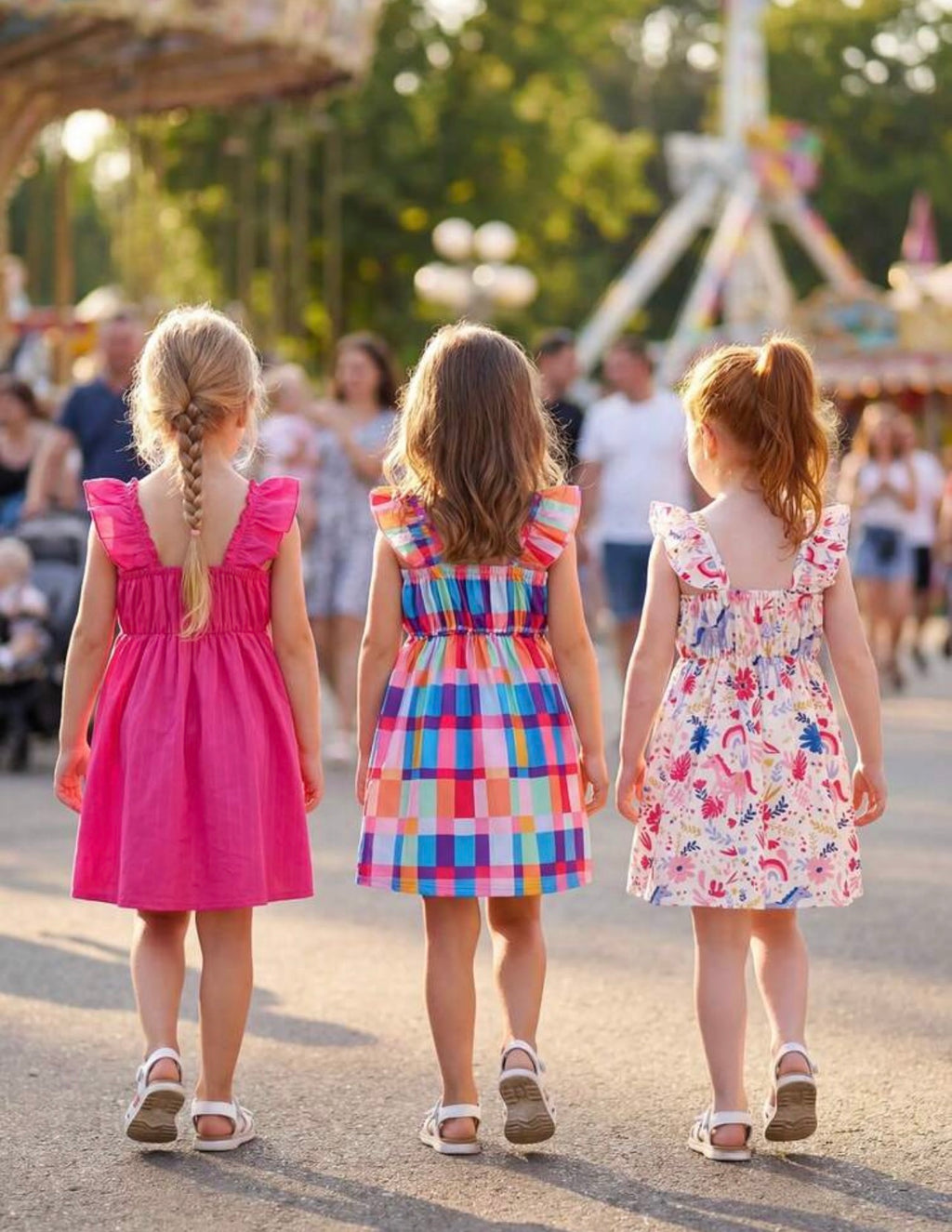 3-Piece Girls Floral & Striped Ruffle Cuff Square Collar Dress Set for Summer