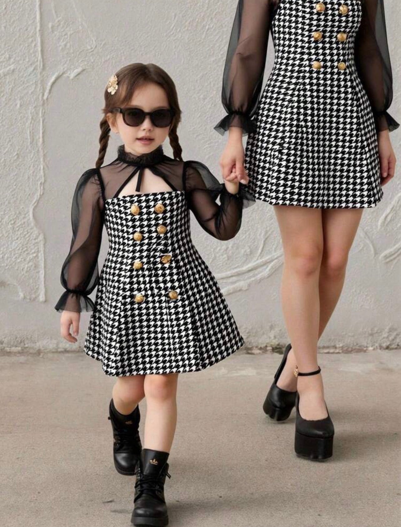 Girls Bow Detail Black A-Line Dress with Mesh Flare Sleeves & Turtleneck Design
