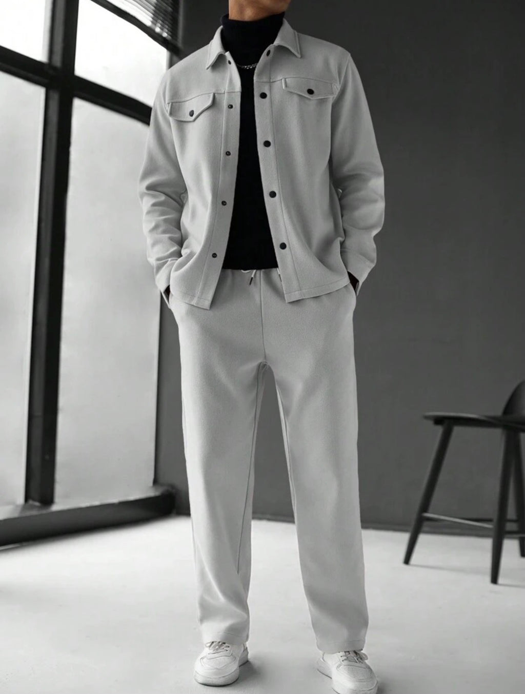 Men’s Solid Color Single-Breasted Jacket & Pants Two-Piece Set – Casual Fall Outfit