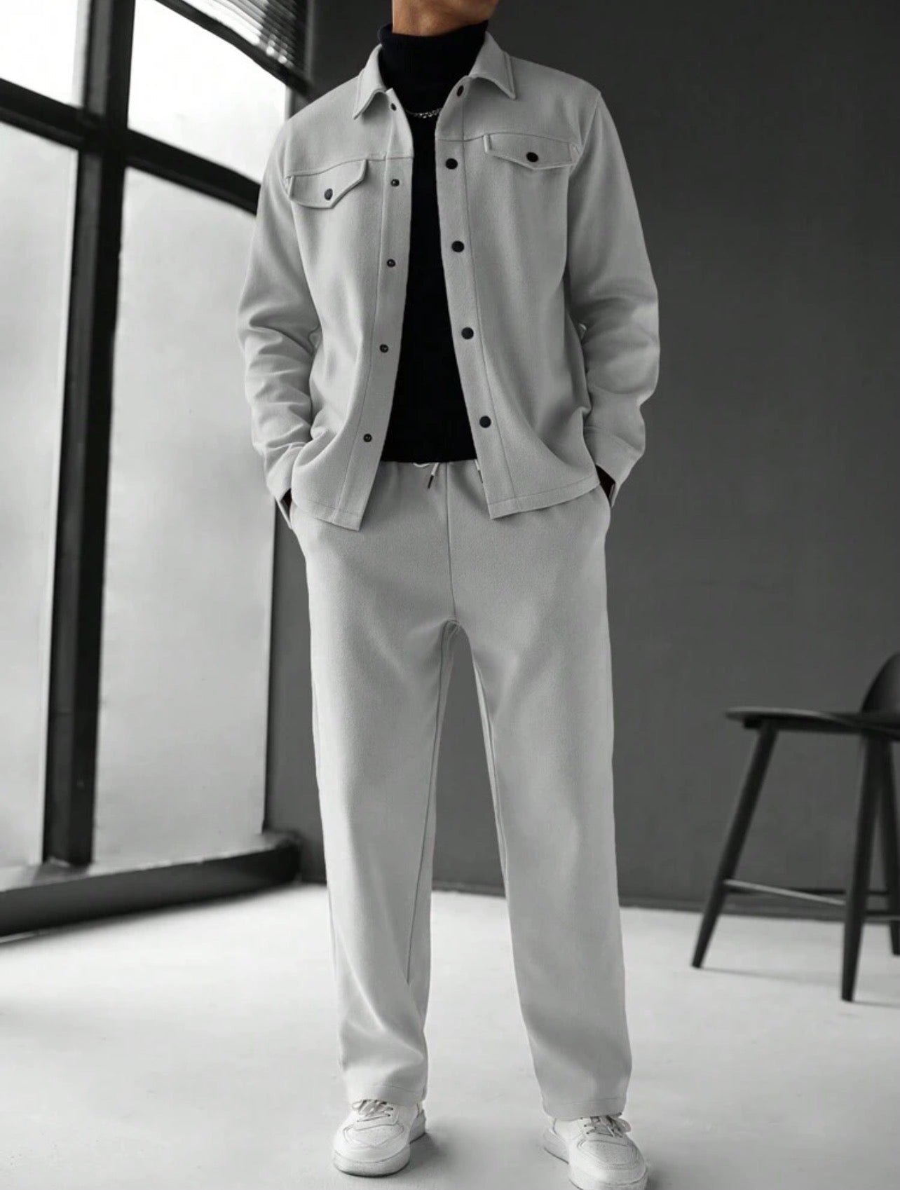 Men’s Solid Color Single-Breasted Jacket & Pants Two-Piece Set – Casual Fall Outfit
