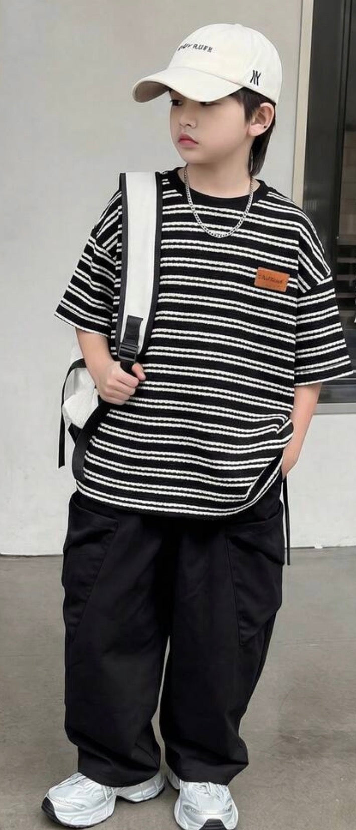Kids Boys Striped Short Sleeve T-Shirt & Black Pants Casual Tracksuit Set