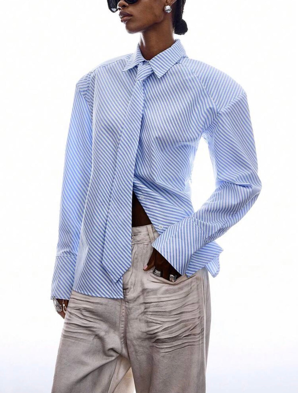 Women’s Minimalist Blue Striped Button-Front Long Sleeve Shirt – Casual Commuter Blouse
