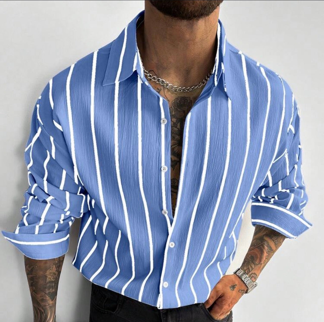 Men’s Classic Striped Linen-Feel Long Sleeve Button-Down Shirt – Casual Office Top