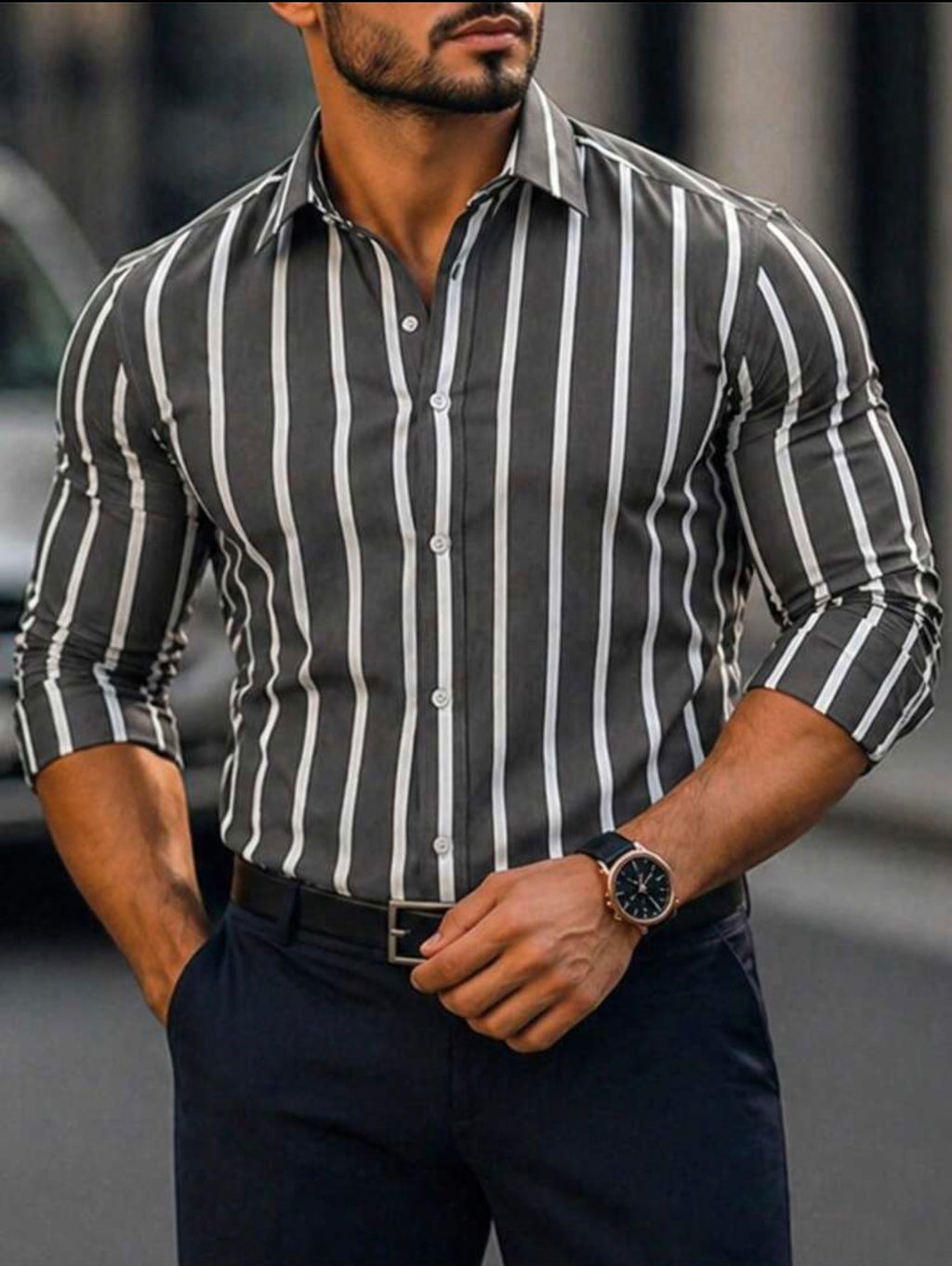 Men’s Digital Print Button-Front Long Sleeve Casual Business Shirt – Smart Casual Urban Top