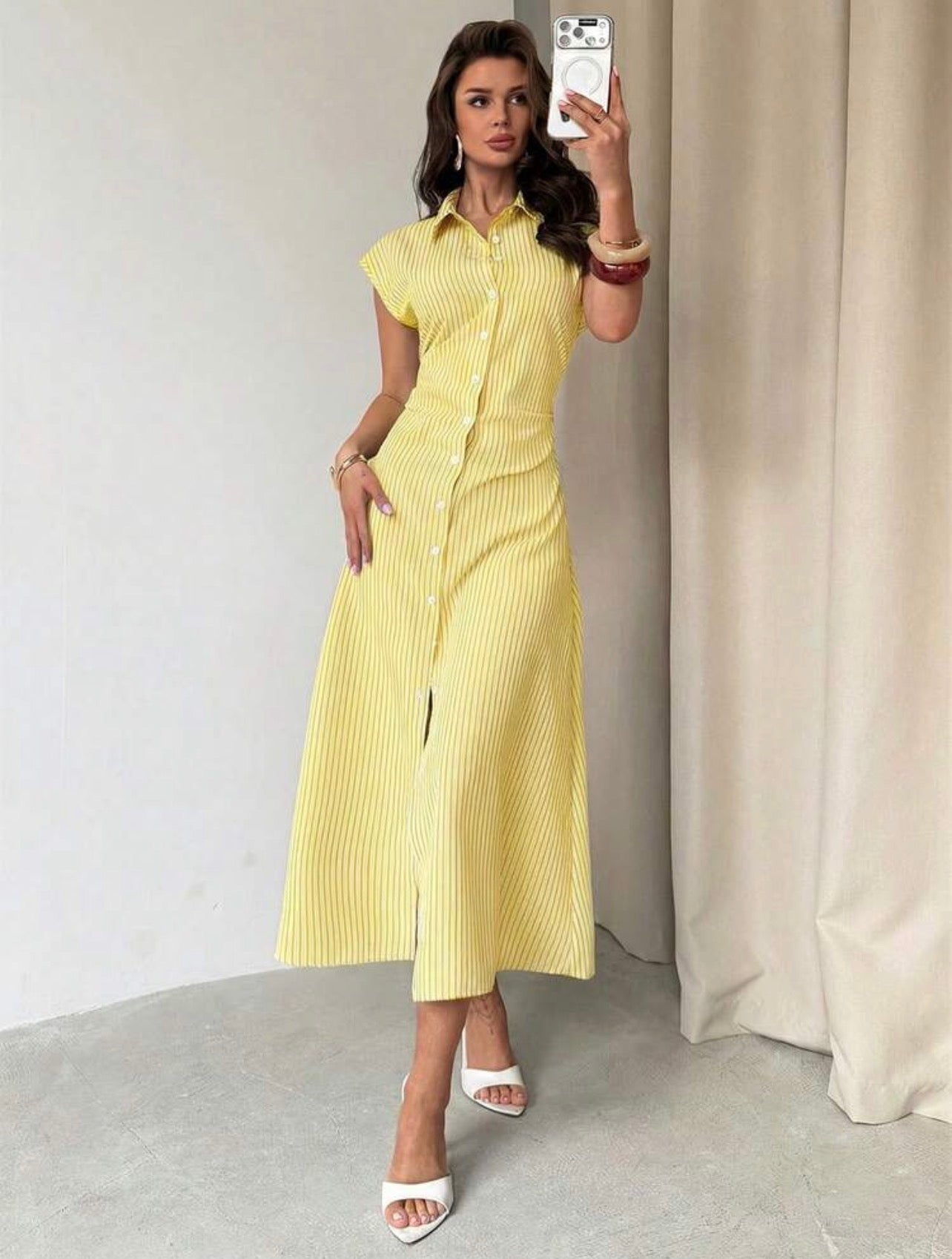 Women’s Striped Puff Sleeve Tie Waist A-Line Midi Shirt Dress – Elegant Casual & Office Wear