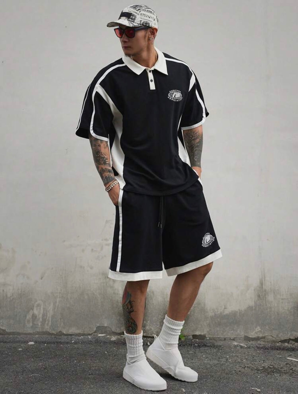 Men’s Letter Print Color Block Polo Shirt & Shorts Two-Piece Summer Set