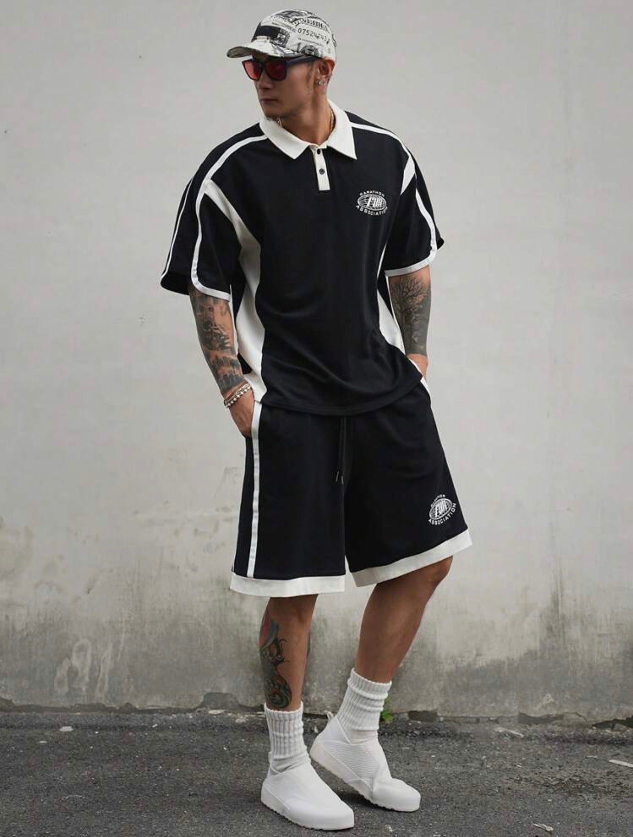 Men’s Letter Print Color Block Polo Shirt & Shorts Two-Piece Summer Set