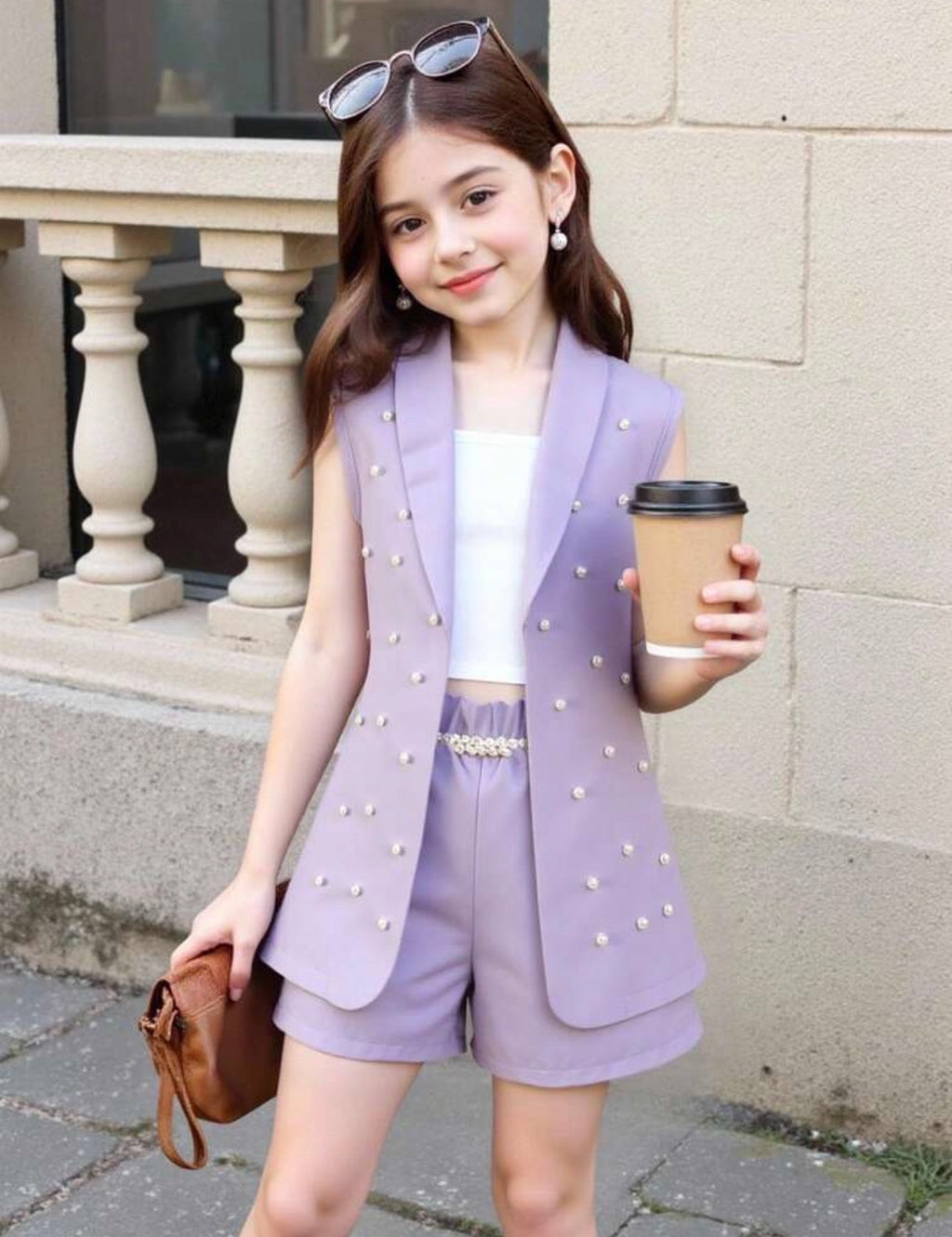 Girls Pink Blazer, Knit Camisole & Pearl Embellished Shorts Formal 3-Piece Set