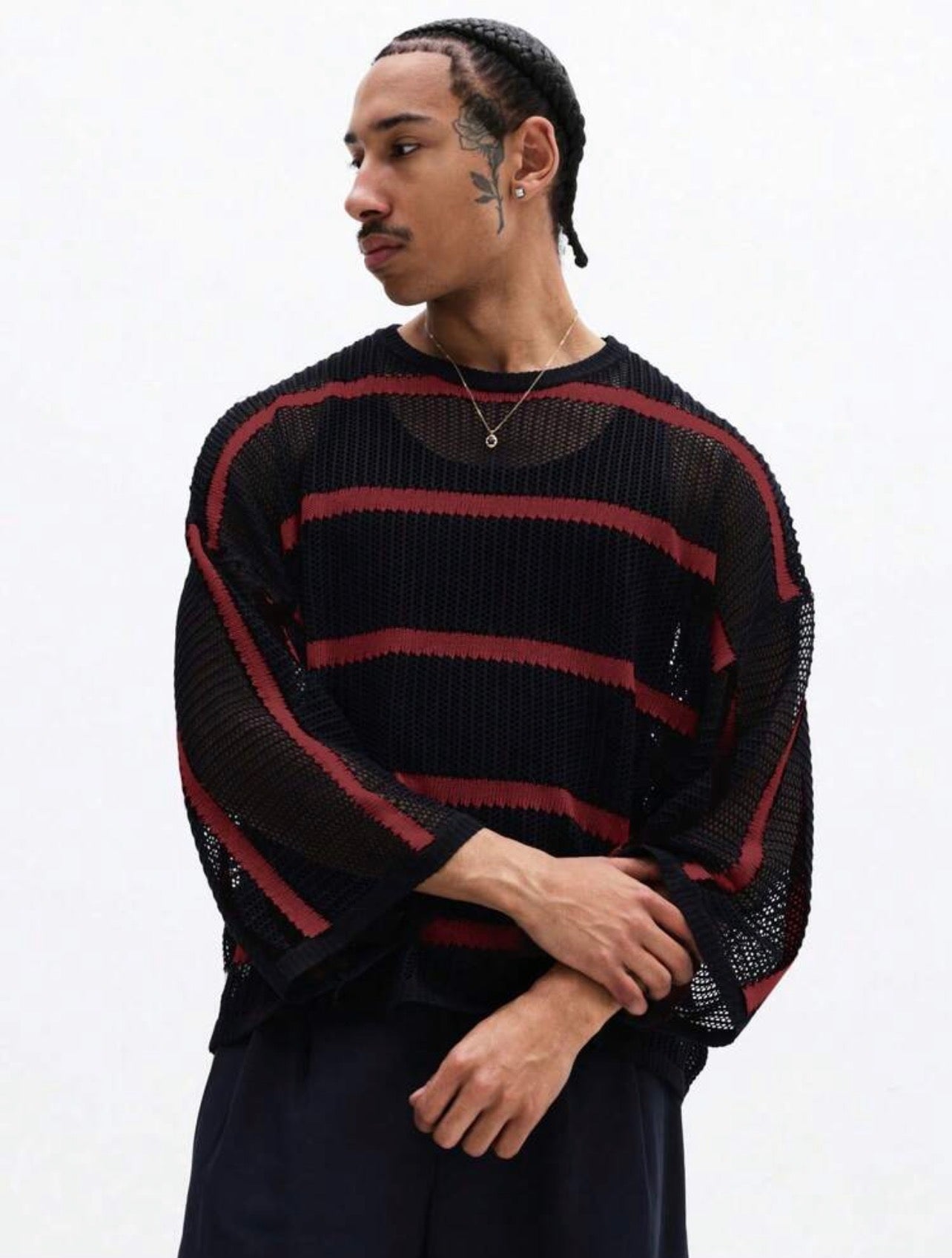 Men’s Horizontal Striped Mesh Knit Sweater – Long Sleeve Crew Neck Pullover