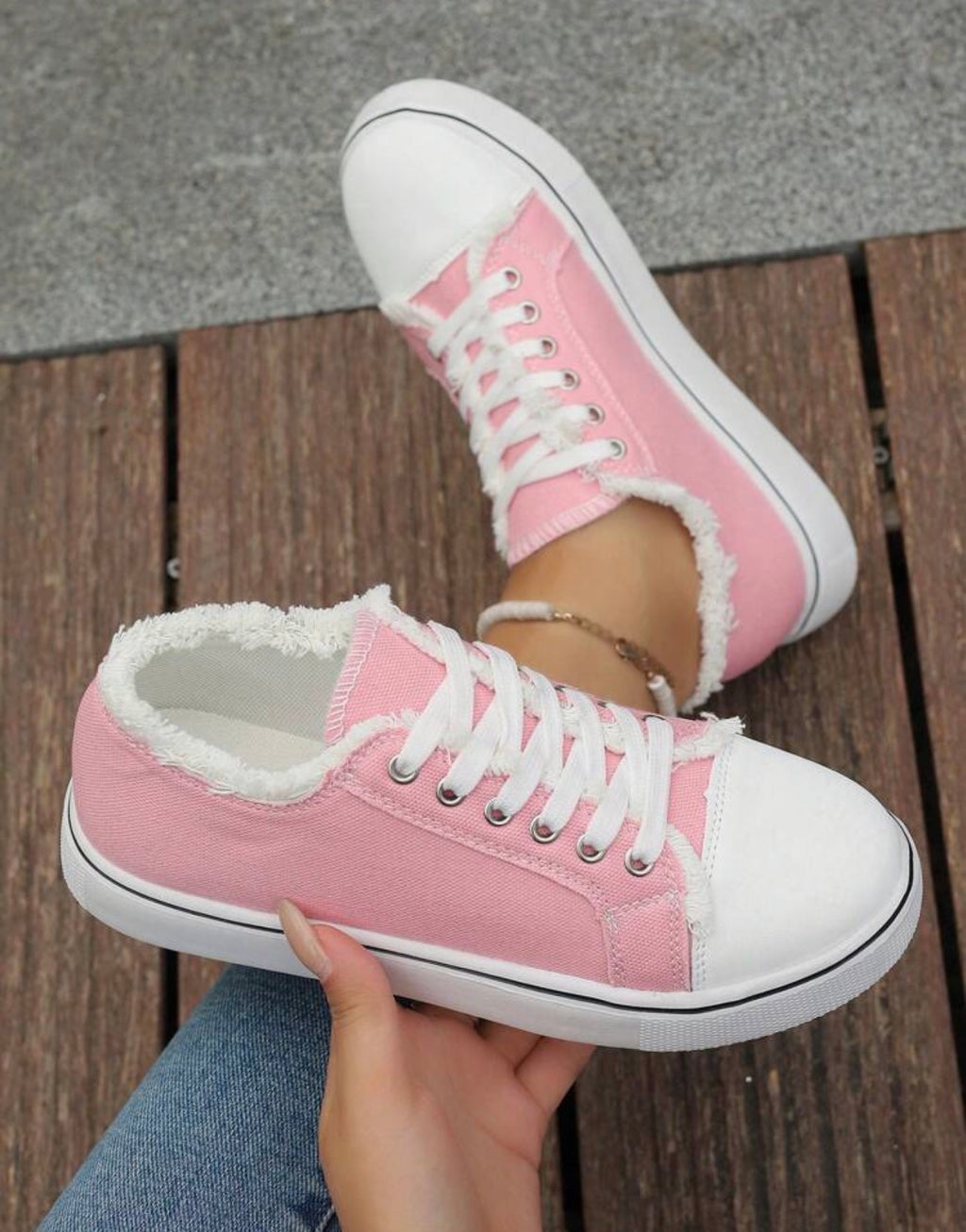 Women’s Round Toe Lace-Up Canvas Sneakers with Frayed Detail for Everyday Casual Wear