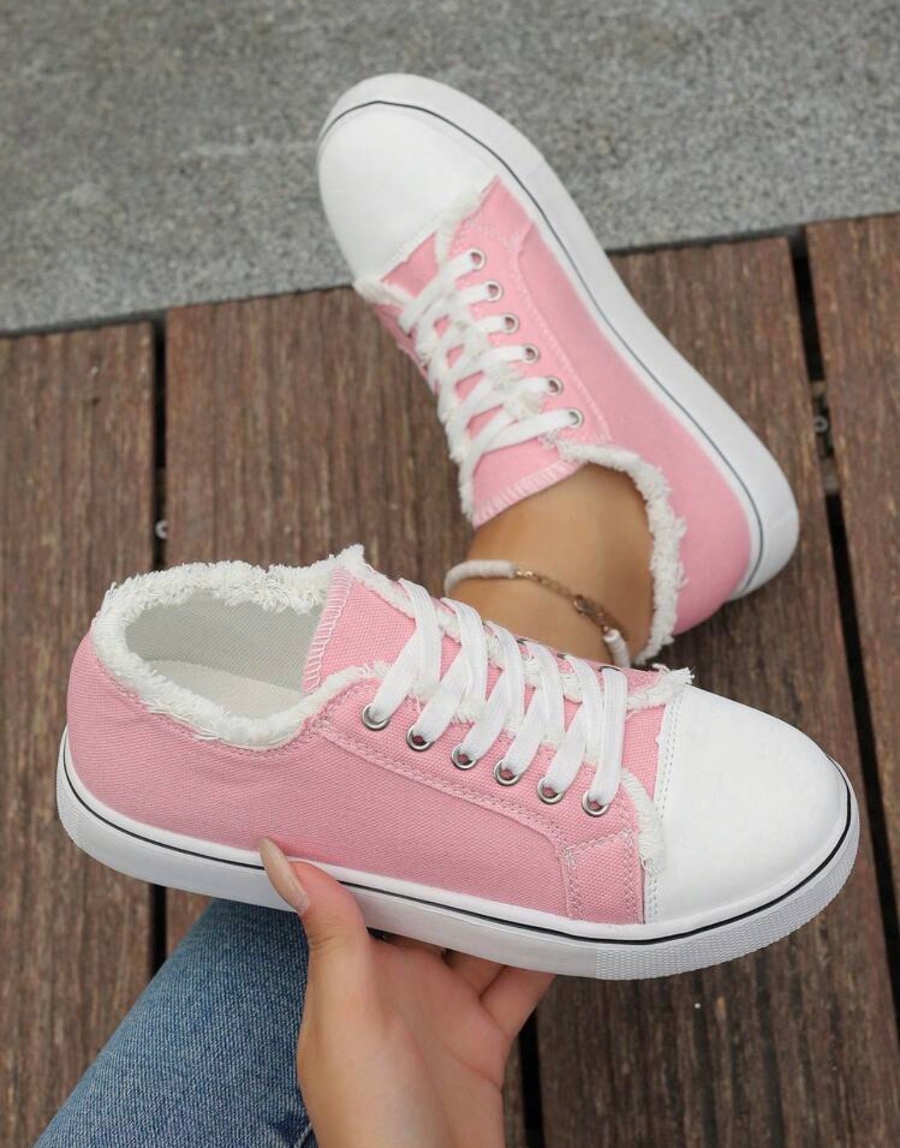 Women’s Round Toe Lace-Up Canvas Sneakers with Frayed Detail for Everyday Casual Wear