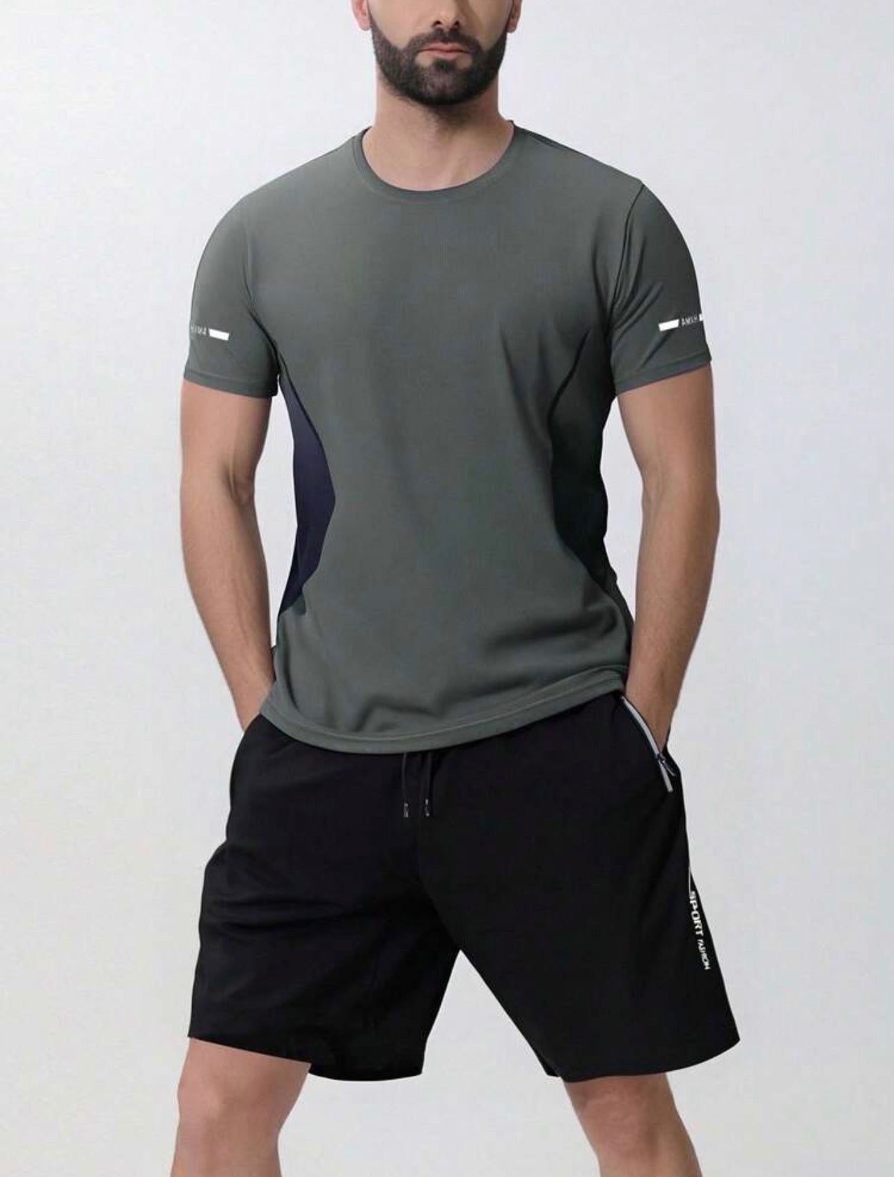 Men’s solid color sports two-piece set, short sleeve top and shorts, casual summer outfit for jogging, workouts, hiking, and outdoor activities.