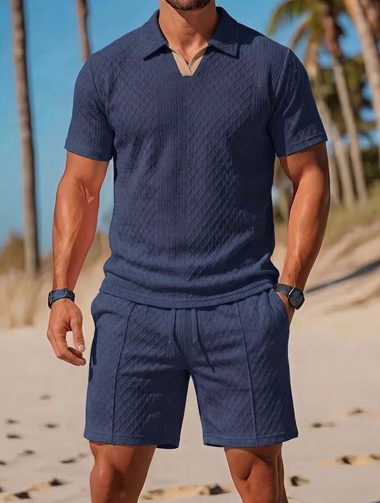 Men’s Polo Collar Short Sleeve Shirt & Shorts Two-Piece Resort Set – Casual Summer Outfit