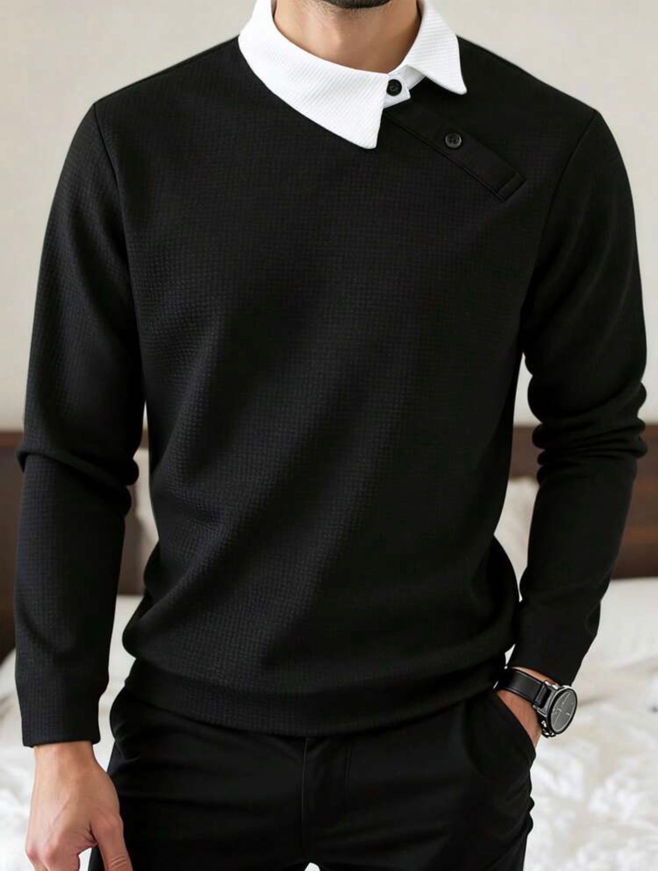 Men’s Contrast Color Long Sleeve Buttoned Knitted Polo Shirt – Casual Business Top