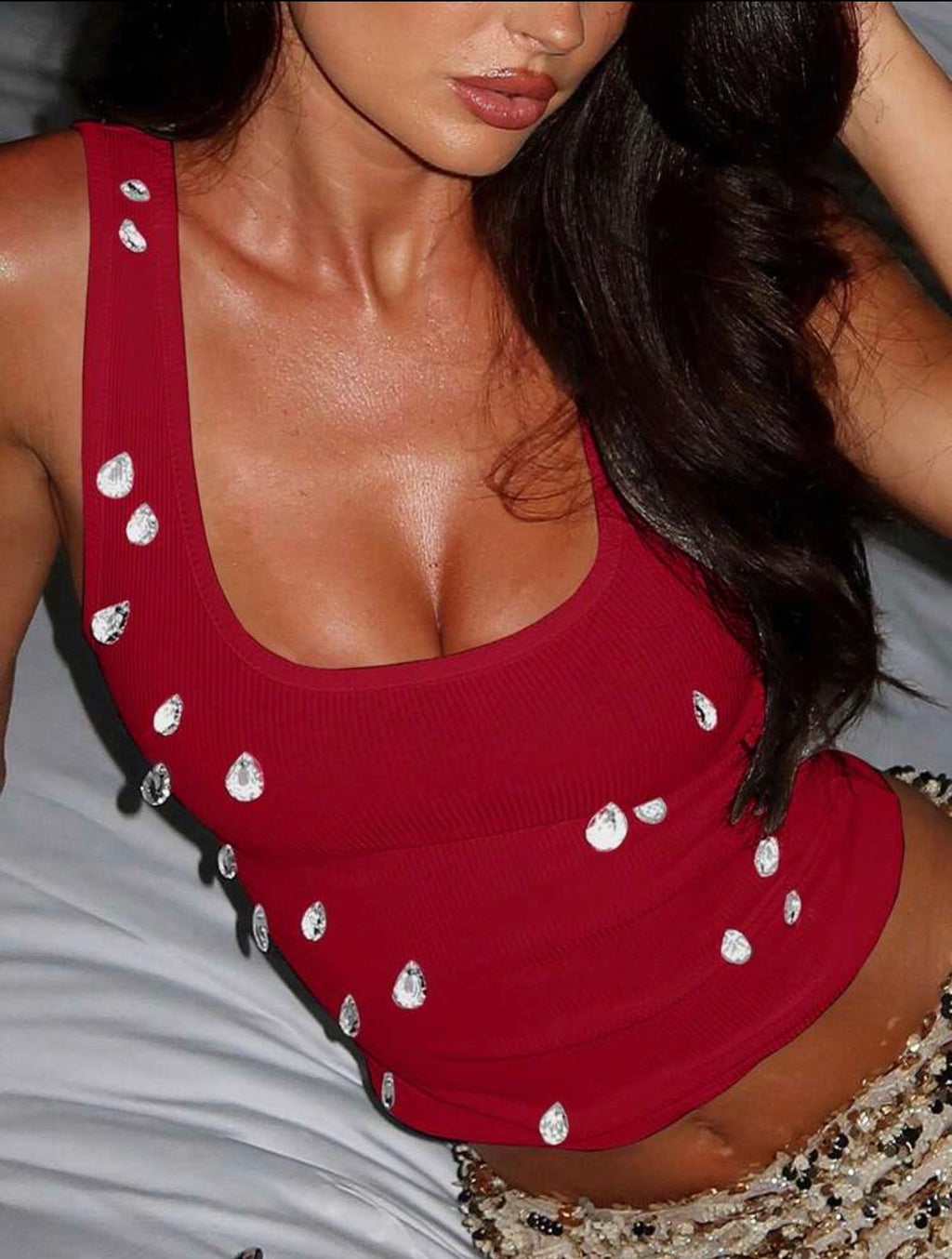 Women’s Cropped Ribbed Camisole Tank Top with Diamond Detail – Casual Summer Sleeveless Top