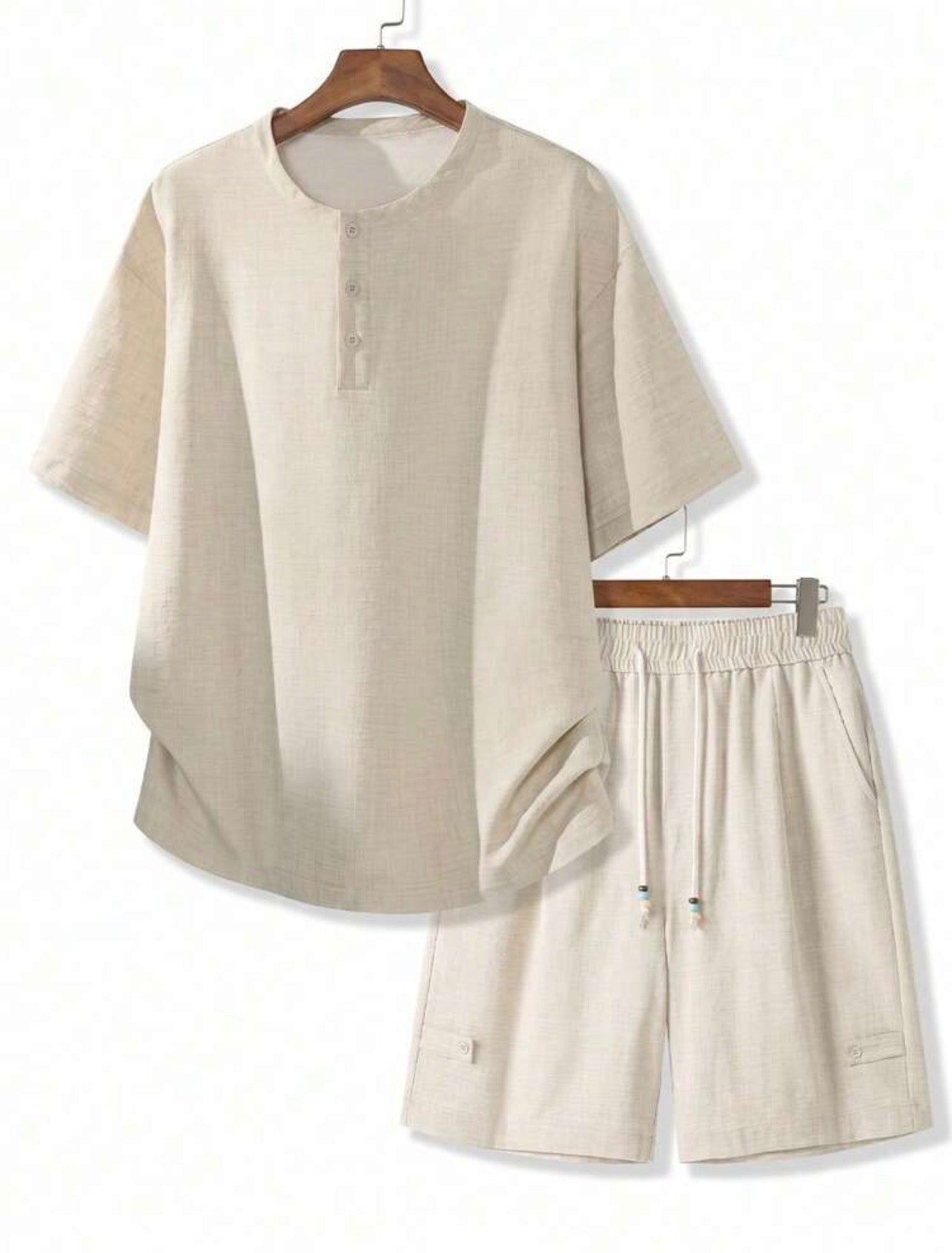 Men’s Linen-Look Henley Neck Polo Shirt & Shorts Two-Piece Set – Casual Summer Outfit