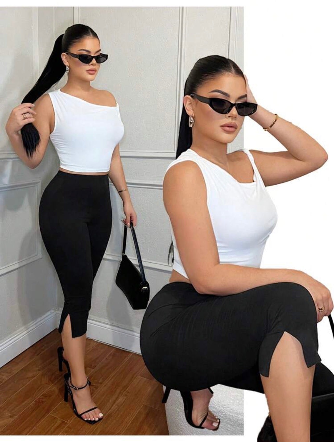 Women’s High Waist Skinny Split Hem Cropped Leggings – Casual Versatile Capris