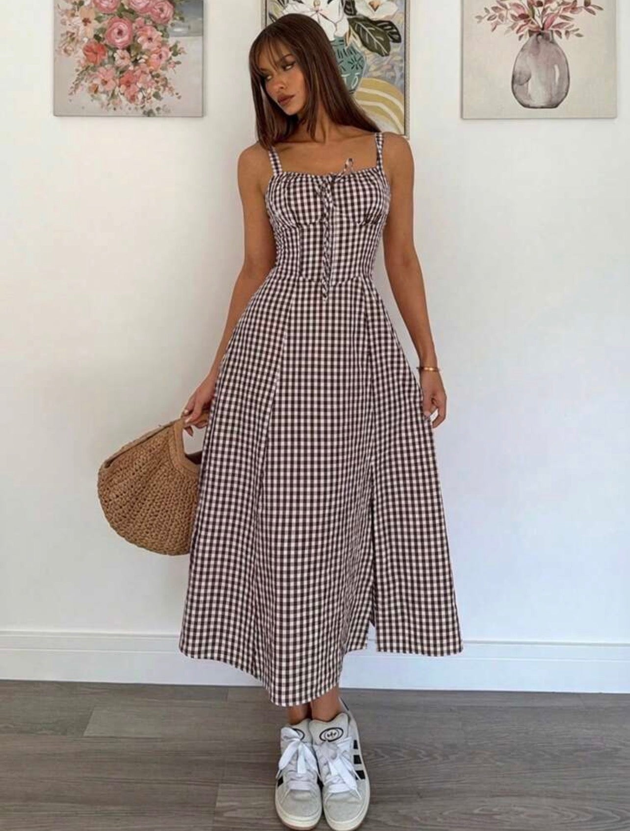 Women’s Floral Print Cinched Waist Slit Hem Cami Dress – Casual Resort Style