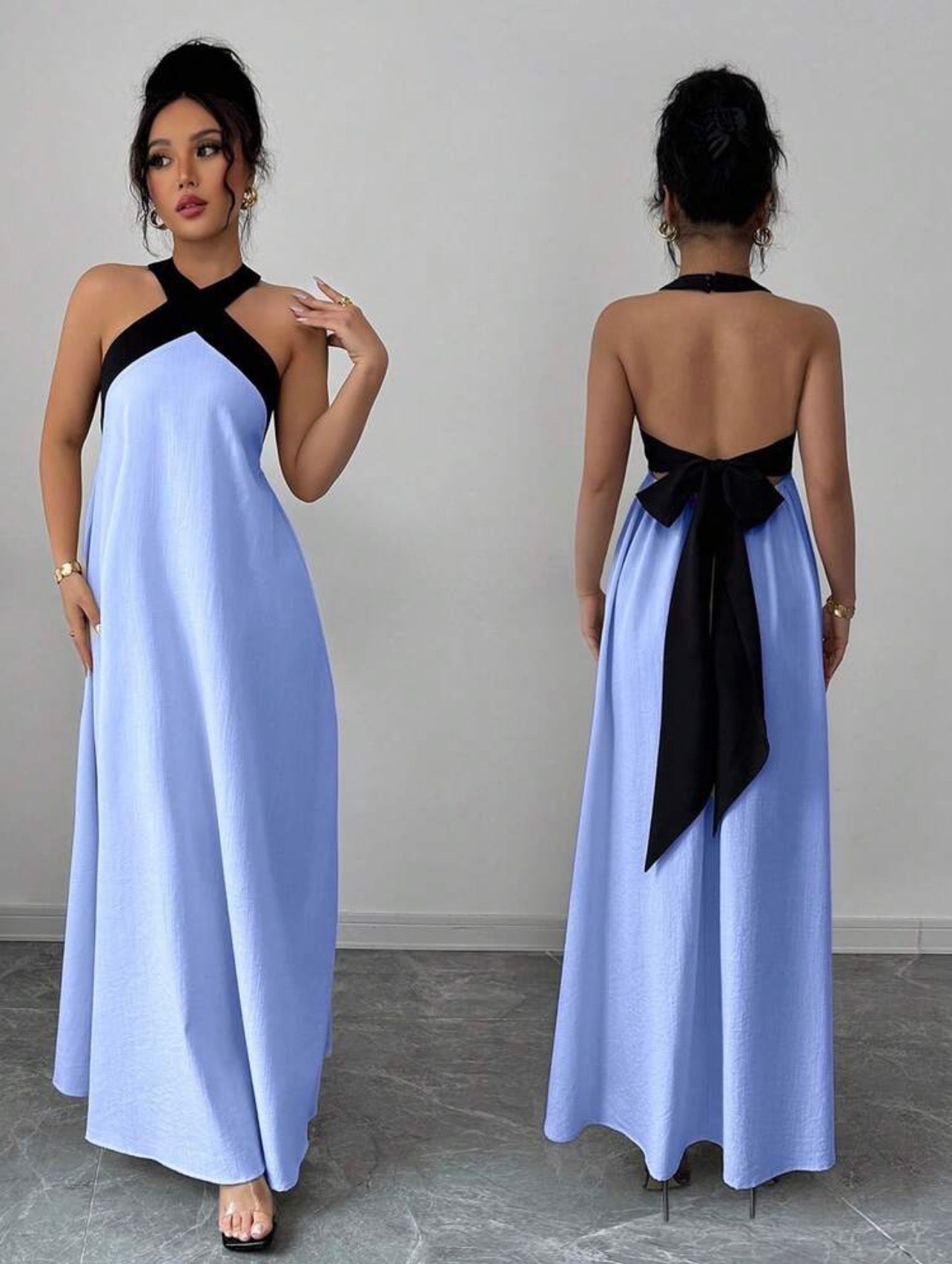 Elegant Color Block Halter Backless Bowknot Strap Sleeveless Maxi Dress – Casual Resort We