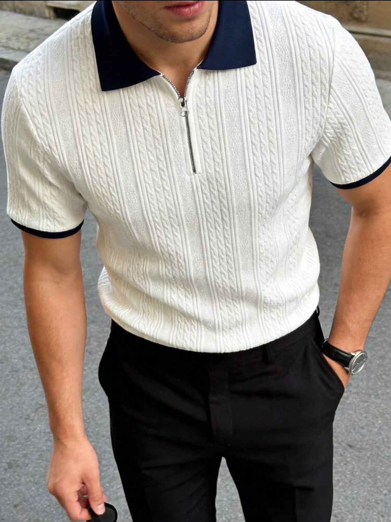 Men’s Jacquard Textured Half-Zip Polo Shirt with Contrast Collar – Casual Smart Top