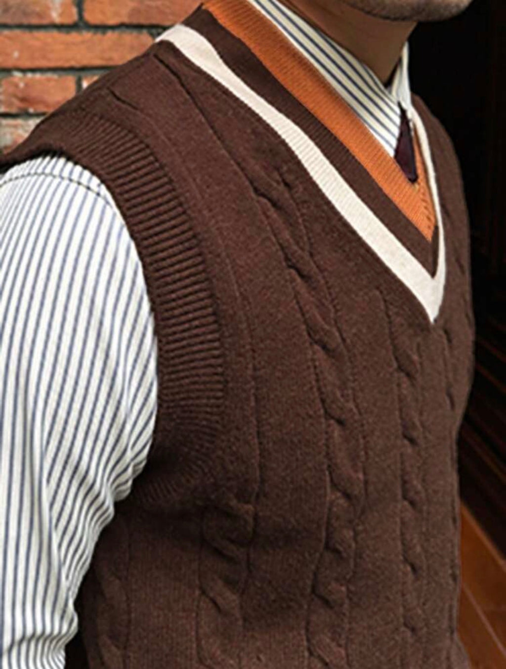 Men’s Collegiate Patchwork Cable Knit V-Neck Sweater Vest – Casual Layering Top